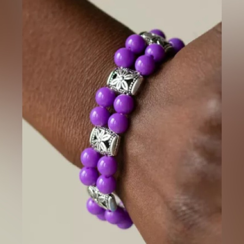 New Purple Bead & Silver Daisy Bracelet